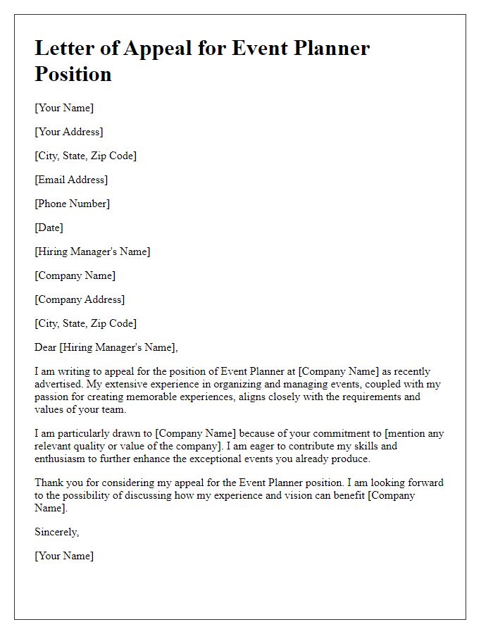 Letter template of appeal for event planner position.