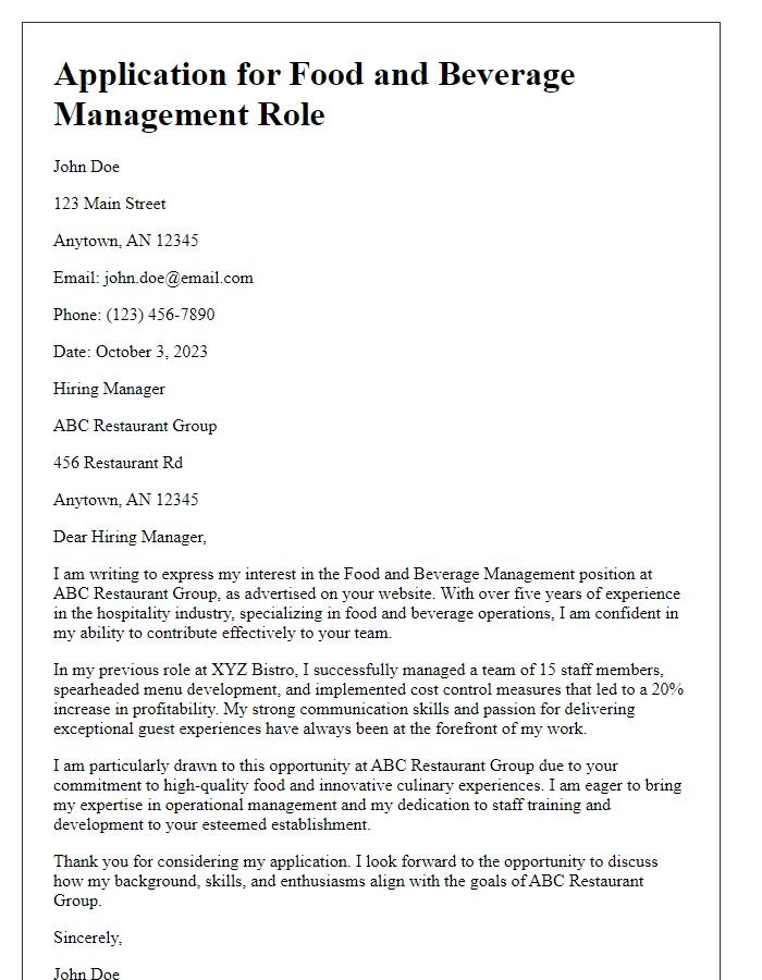 Letter template of application for food and beverage management role.