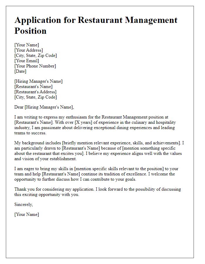 Letter template of enthusiasm for restaurant management position.