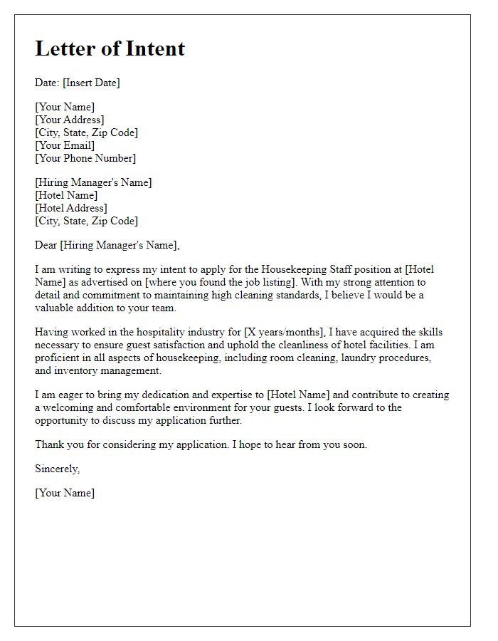 Letter template of intent for hotel housekeeping staff.