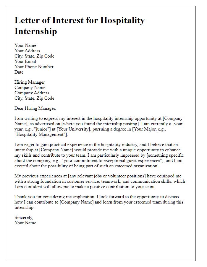 Letter template of interest in hospitality internship opportunity.