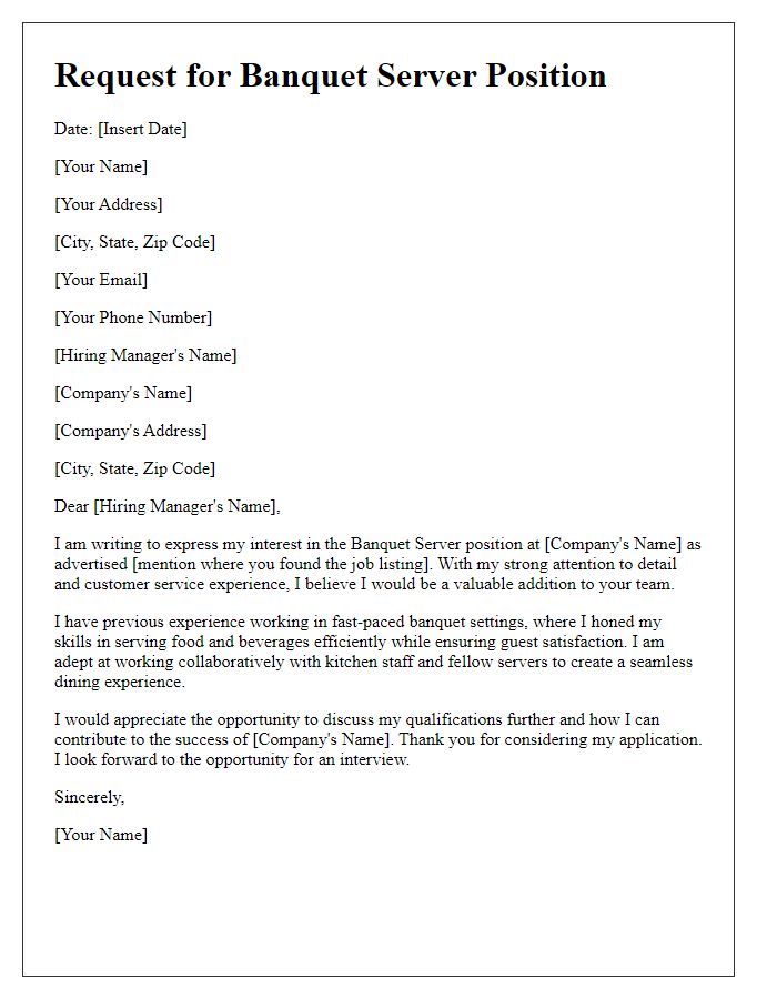 Letter template of request for banquet server position.