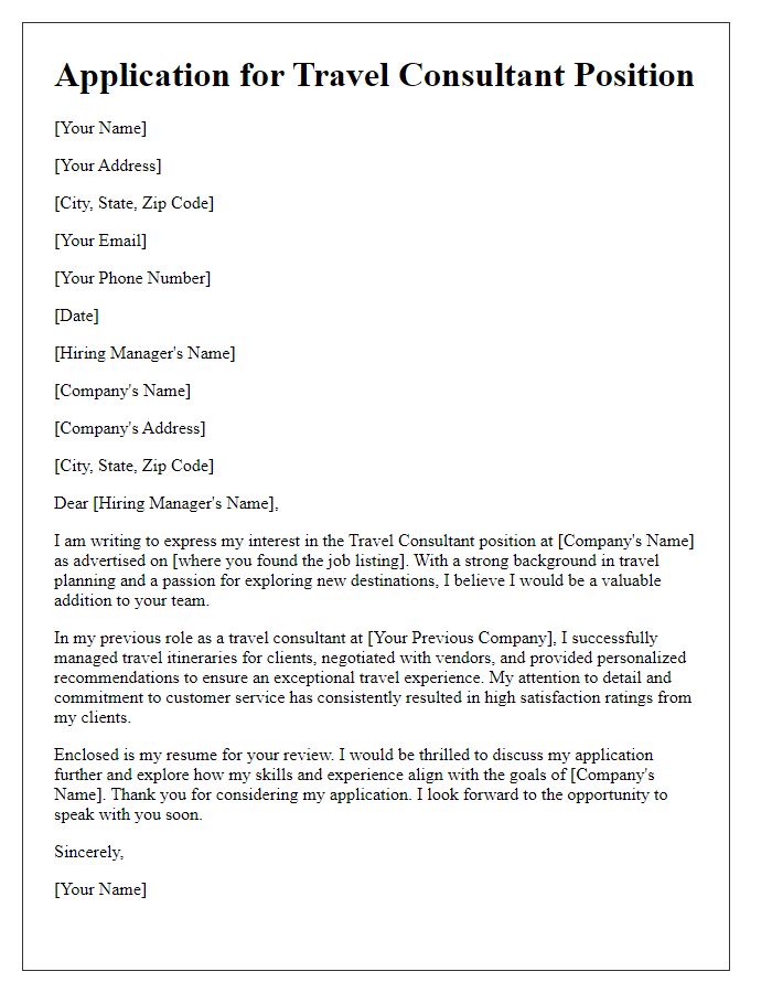 Letter template of submission for travel consultant job.