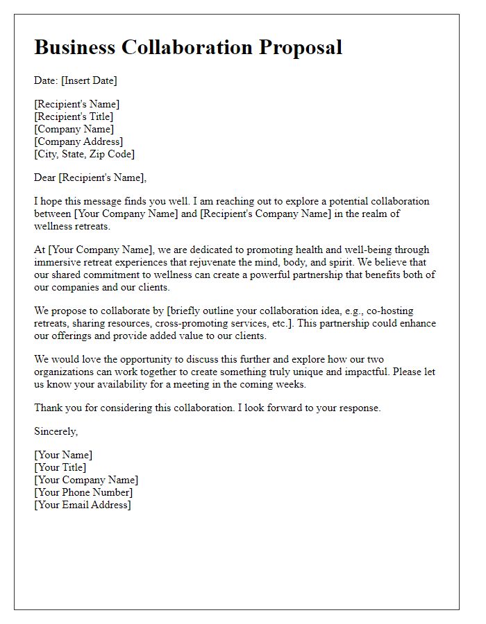 Letter template of business collaboration for wellness retreats.