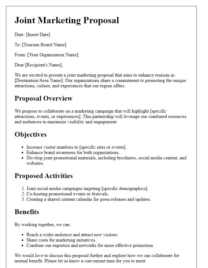 Letter template of joint marketing proposal for tourism boards.