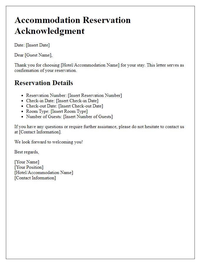 Letter template of Accommodation Reservation Acknowledgment