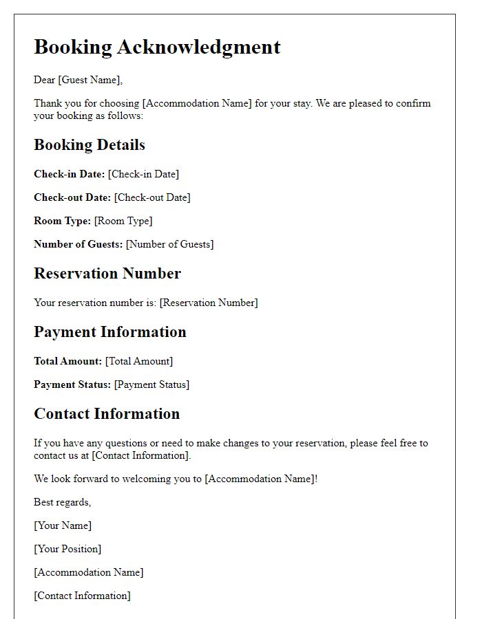 Letter template of Boooking Acknowledgment for Guest Accommodation