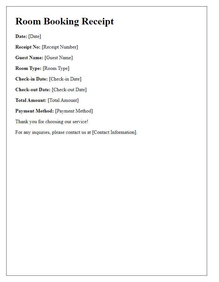 Letter template of Room Booking Receipt