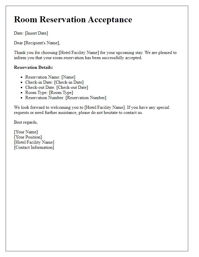 Letter template of Room Reservation Acceptance