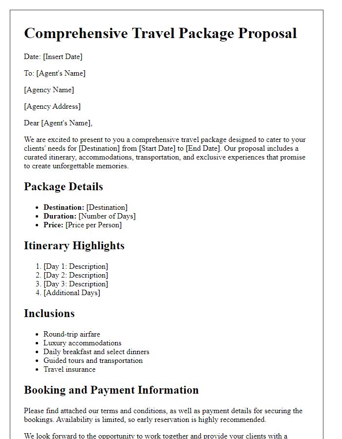 Letter template of comprehensive travel package proposal for agents