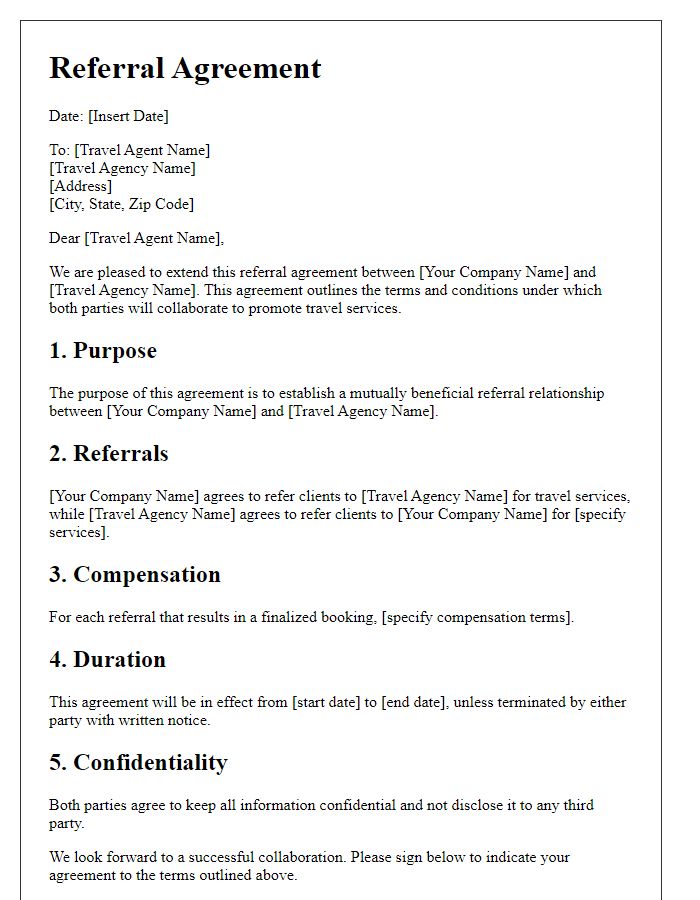 Letter template of referral agreement for travel agent collaboration