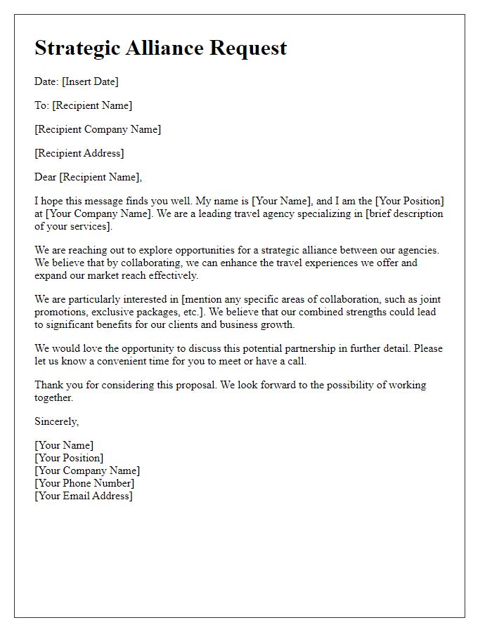 Letter template of strategic alliance request for travel agents