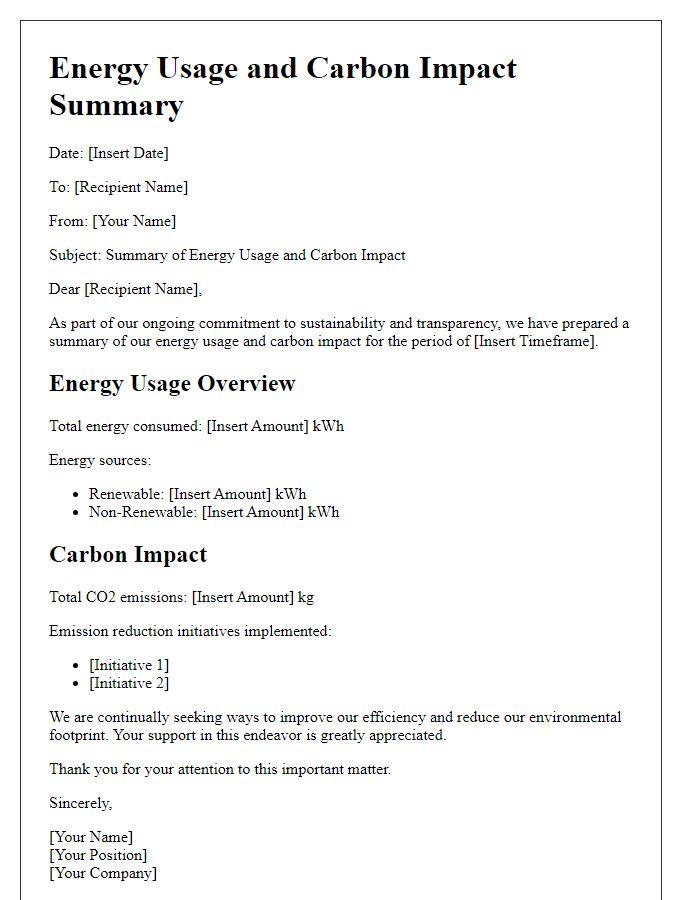 Letter template of energy usage and carbon impact summary