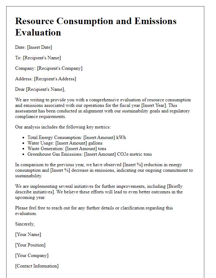 Letter template of resource consumption and emissions evaluation