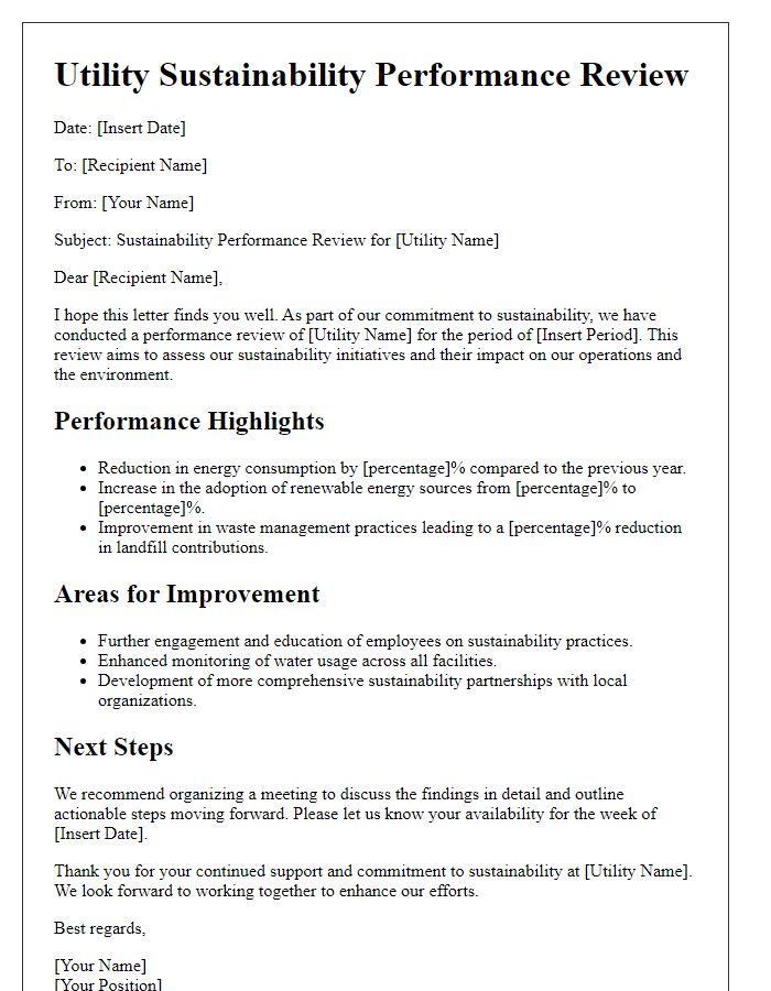 Letter template of utility sustainability performance review