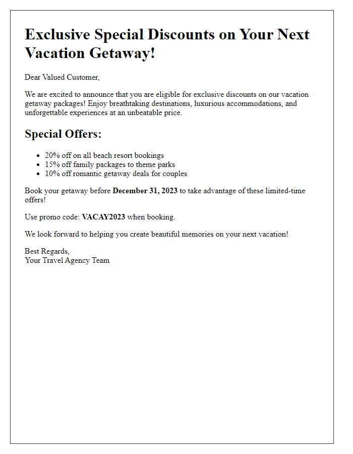 Letter template of special discounts on vacation getaways