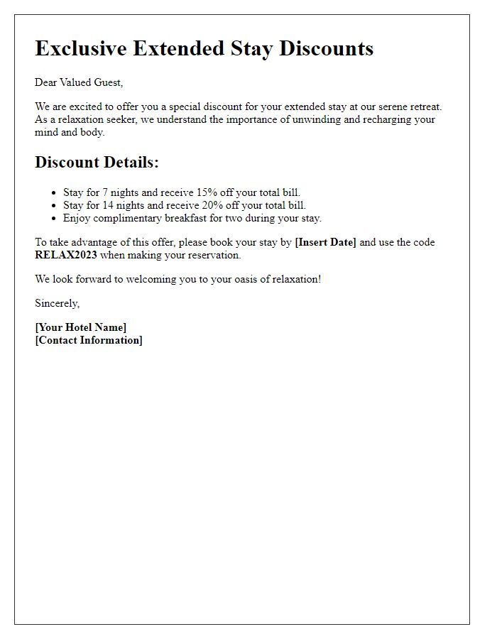 Letter template of Extended Stay Discounts for Relaxation Seeker