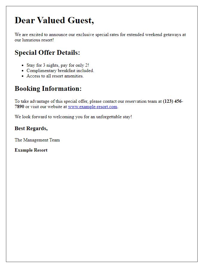 Letter template of Special Rates for Extended Weekend Getaways