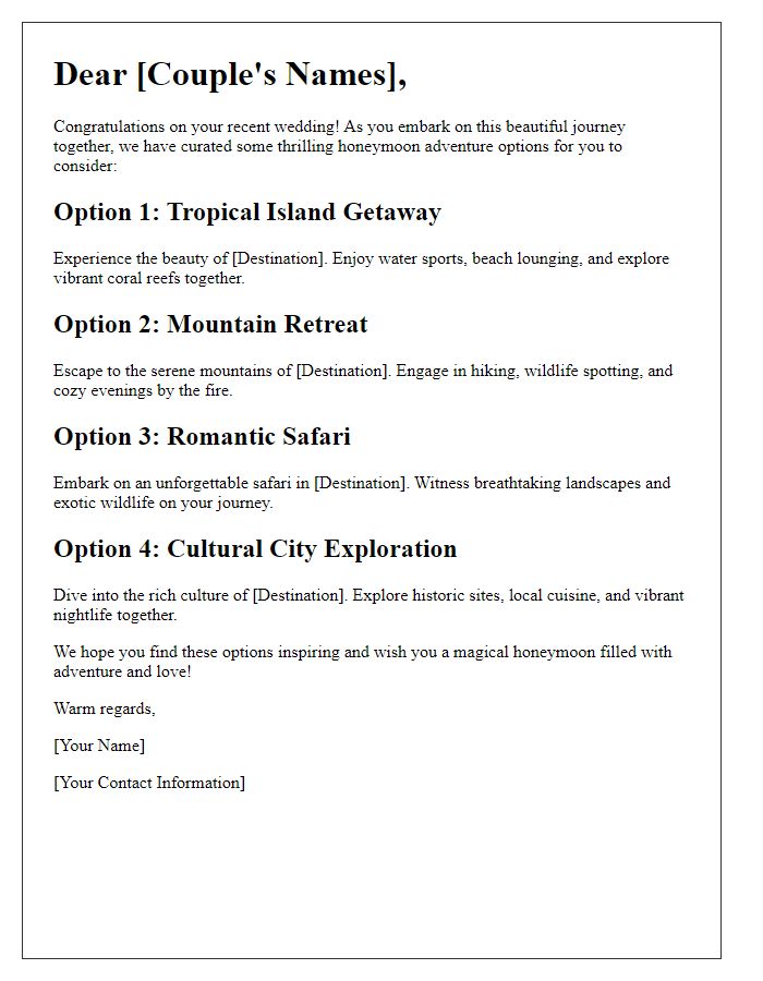 Letter template of adventure honeymoon options