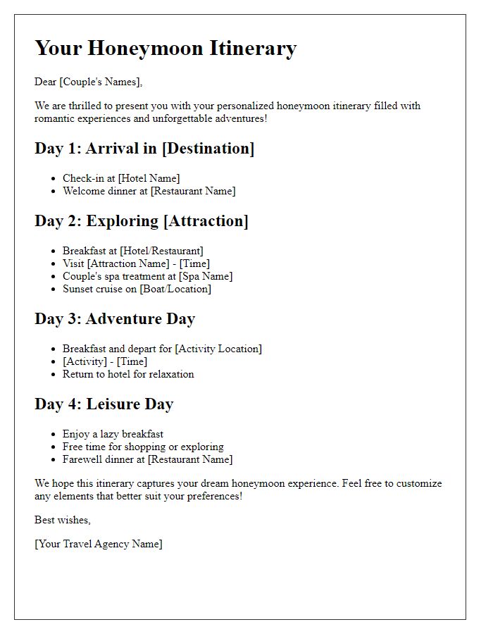 Letter template of customizable honeymoon itineraries