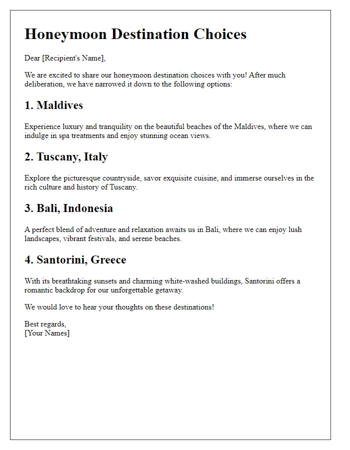 Letter template of destination honeymoon choices