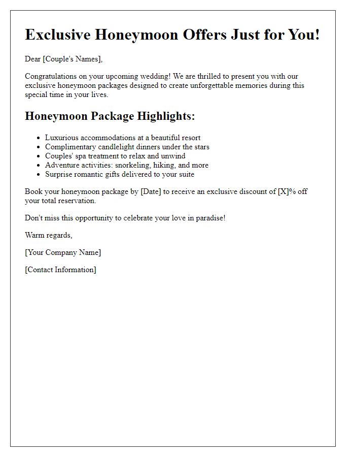 Letter template of exclusive honeymoon offers