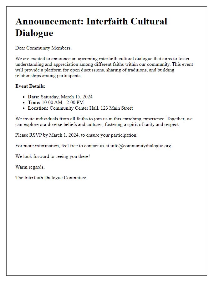 Letter template of announcement for an interfaith cultural dialogue