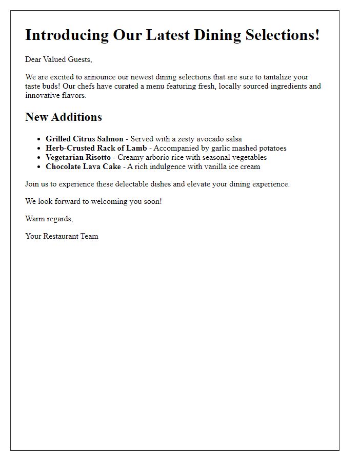 Letter template of introducing our latest dining selections