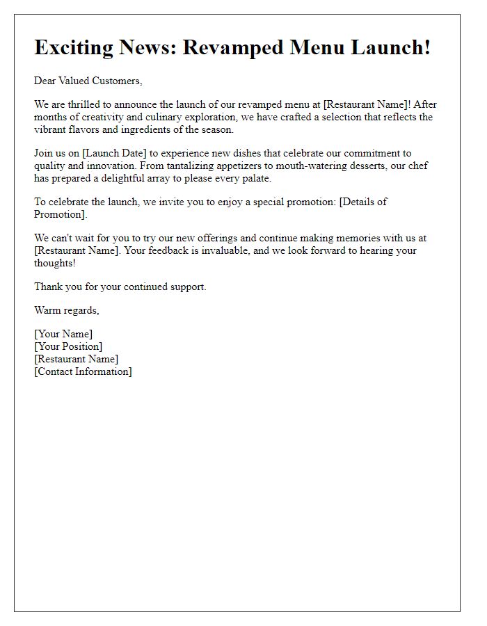 Letter template of launching a revamped menu
