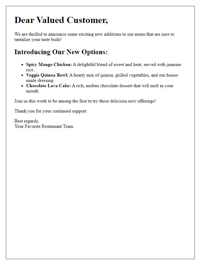 Letter template of presenting delicious new options