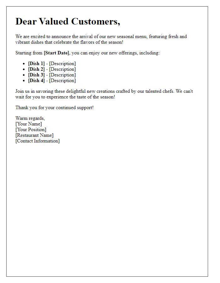 Letter template of revealing a seasonal menu update