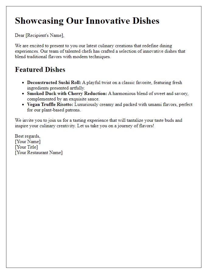 Letter template of showcasing our innovative dishes