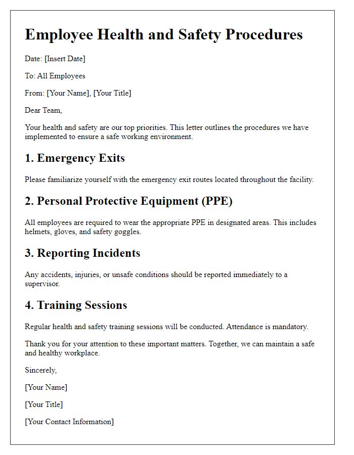 Letter template of employee health and safety procedures.