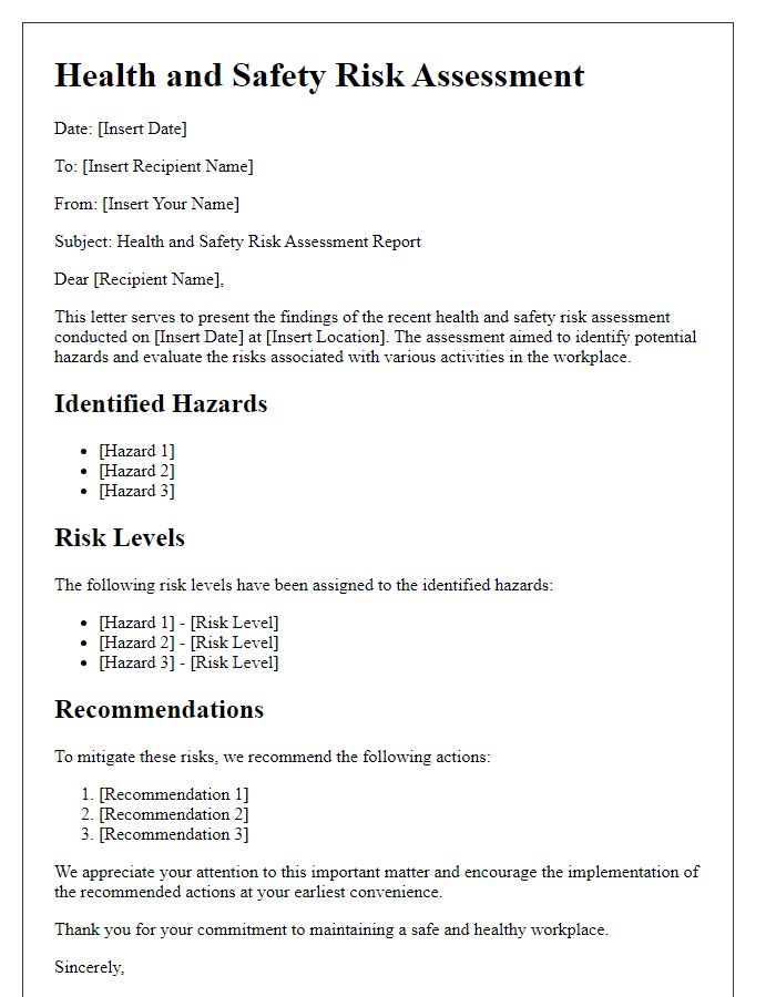 Letter template of health and safety risk assessments.