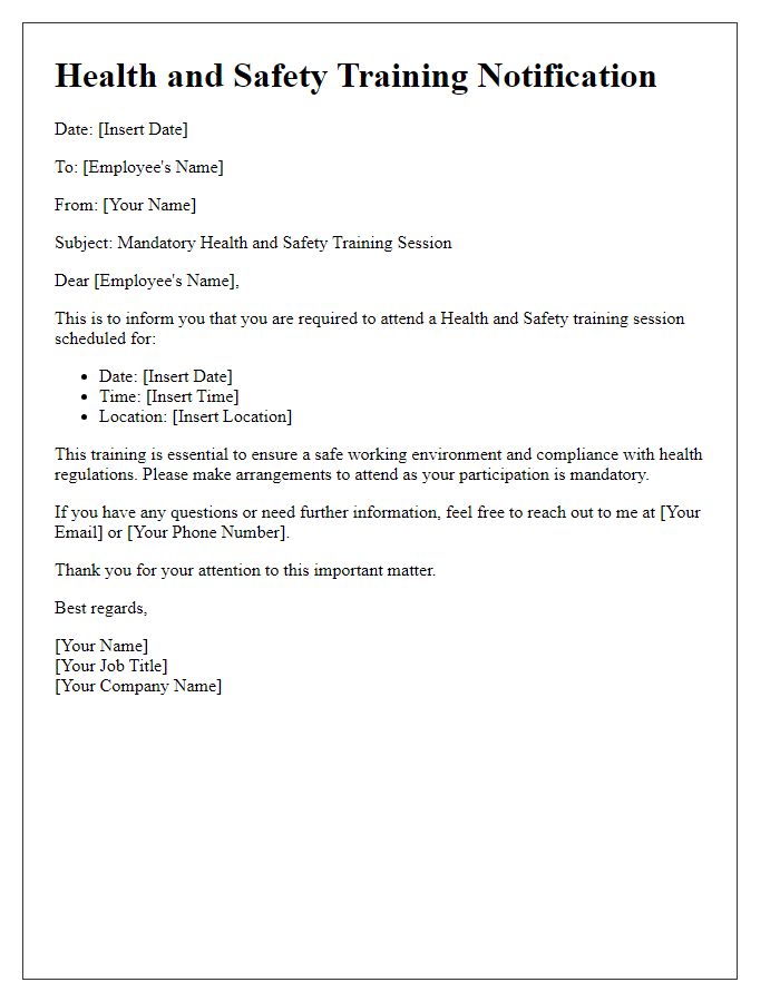 Letter template of health and safety training notifications.
