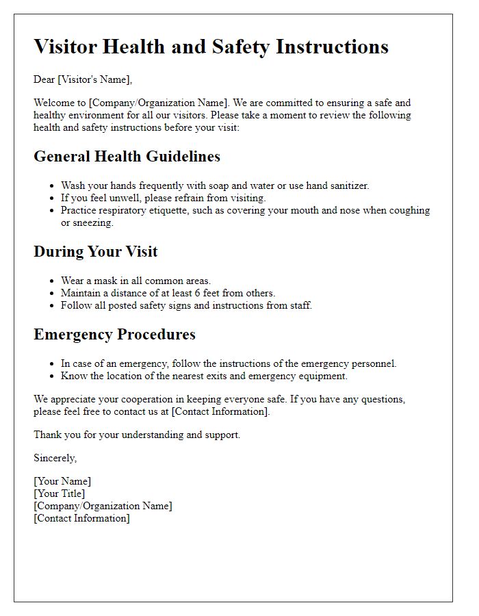 Letter template of visitor health and safety instructions.