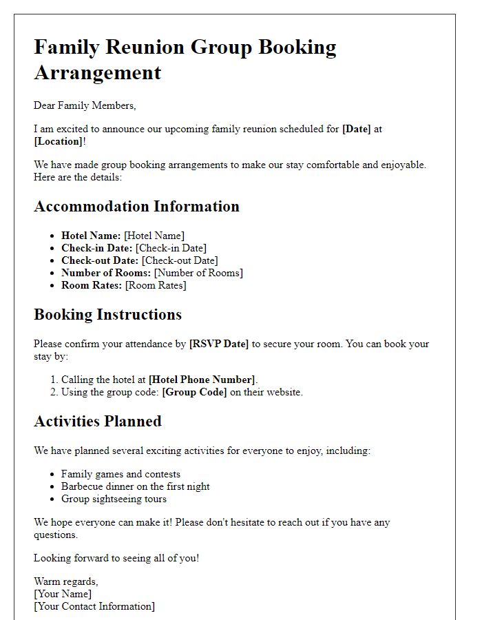 Letter template of group booking arrangement for family reunion.