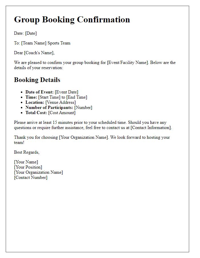 Letter template of group booking confirmation for sports team.