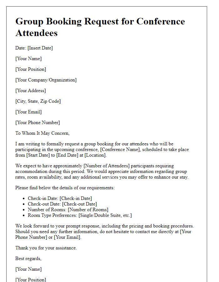 Letter template of group booking demand for conference attendees.