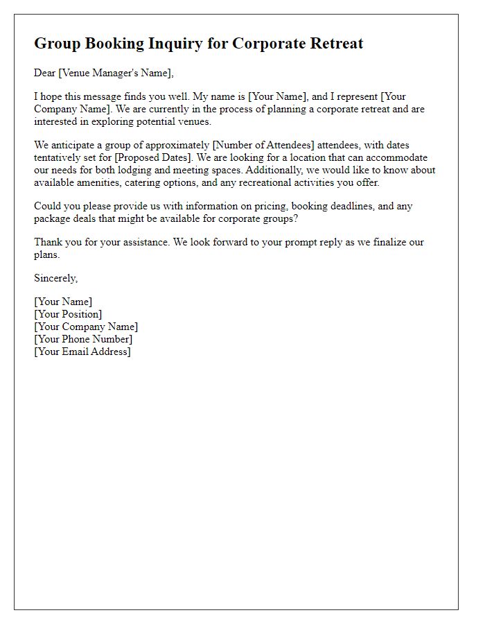 Letter template of group booking inquiry for corporate retreat.