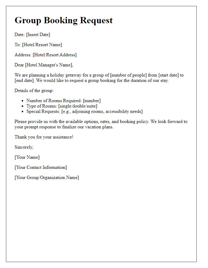 Letter template of group booking letter for holiday getaway.