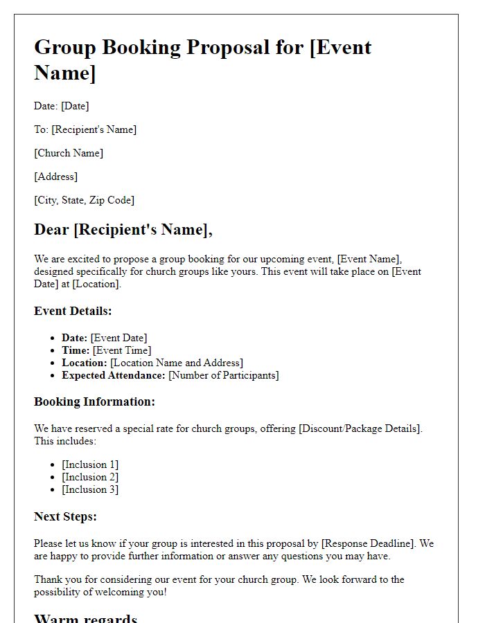 Letter template of group booking proposal for church group event.