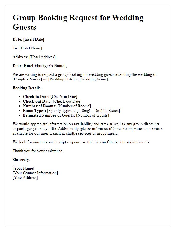 Letter template of group booking request for wedding guests.