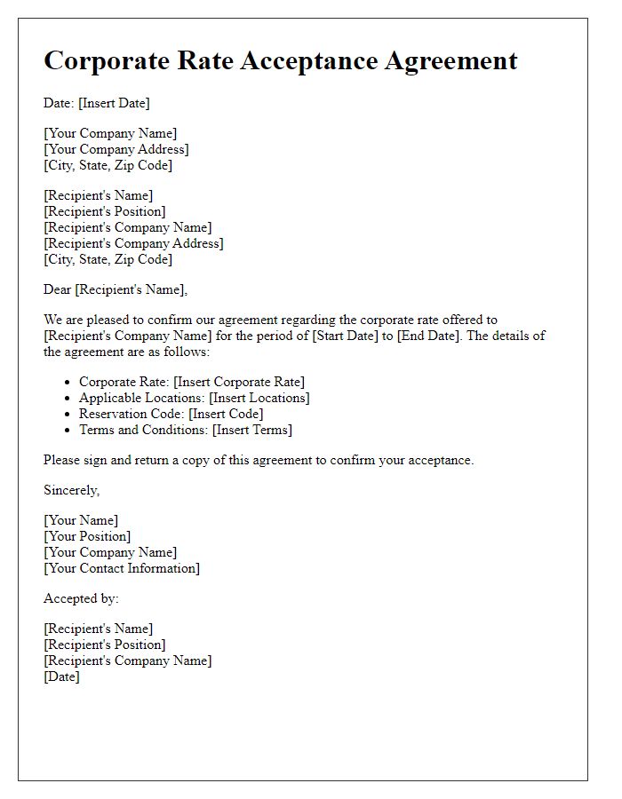 Letter template of corporate rate acceptance agreement