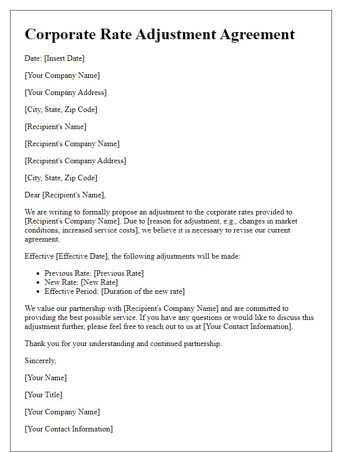 Letter template of corporate rate adjustment agreement