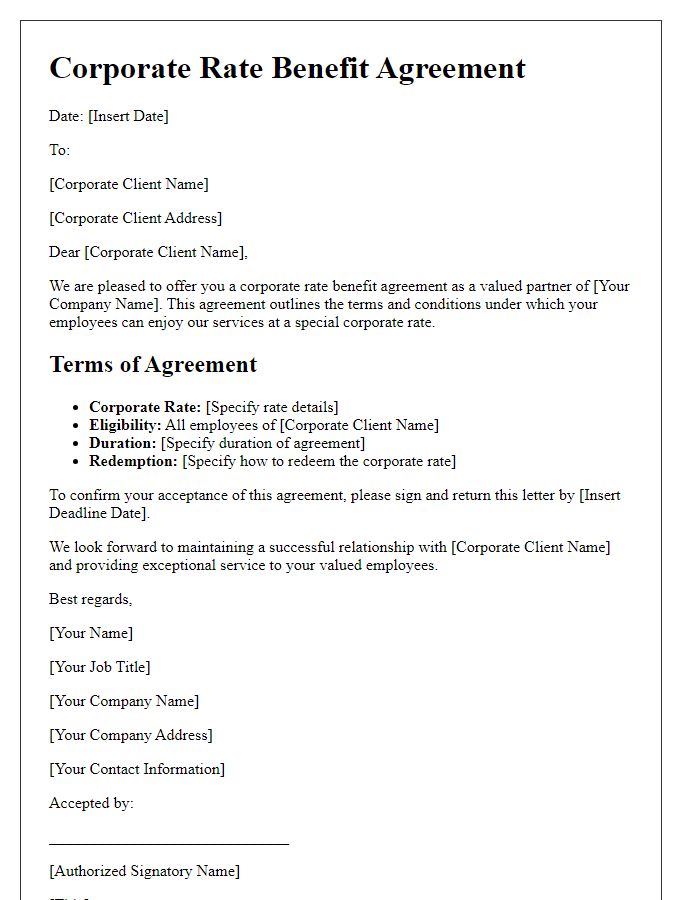 Letter template of corporate rate benefit agreement