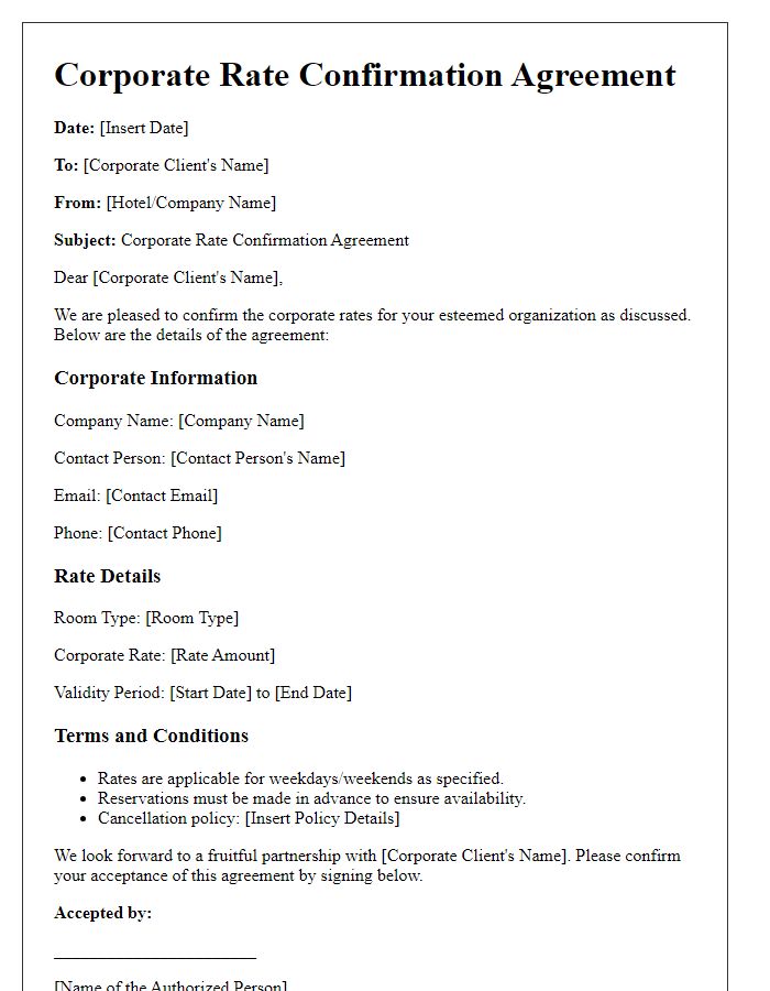 Letter template of corporate rate confirmation agreement