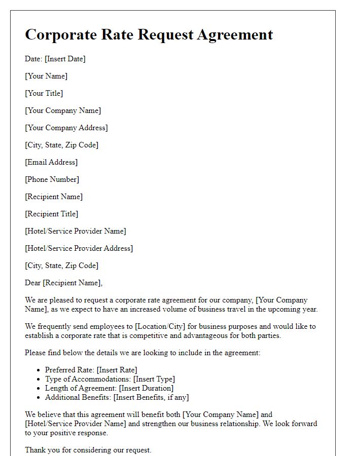 Letter template of corporate rate request agreement