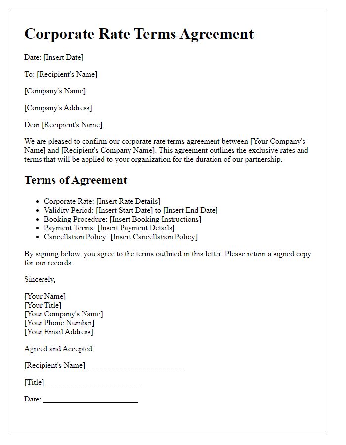 Letter template of corporate rate terms agreement