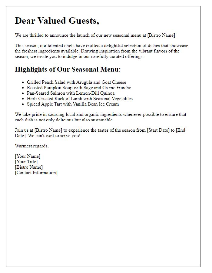 Letter template of seasonal menu introduction for bistros